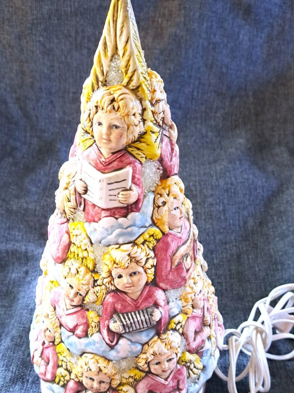 CERAMIC CHRISTMAS TREE WITH WHIMISCAL ANGELS CHERUBS LIGHTED BASE 2 PIECES 14" T
